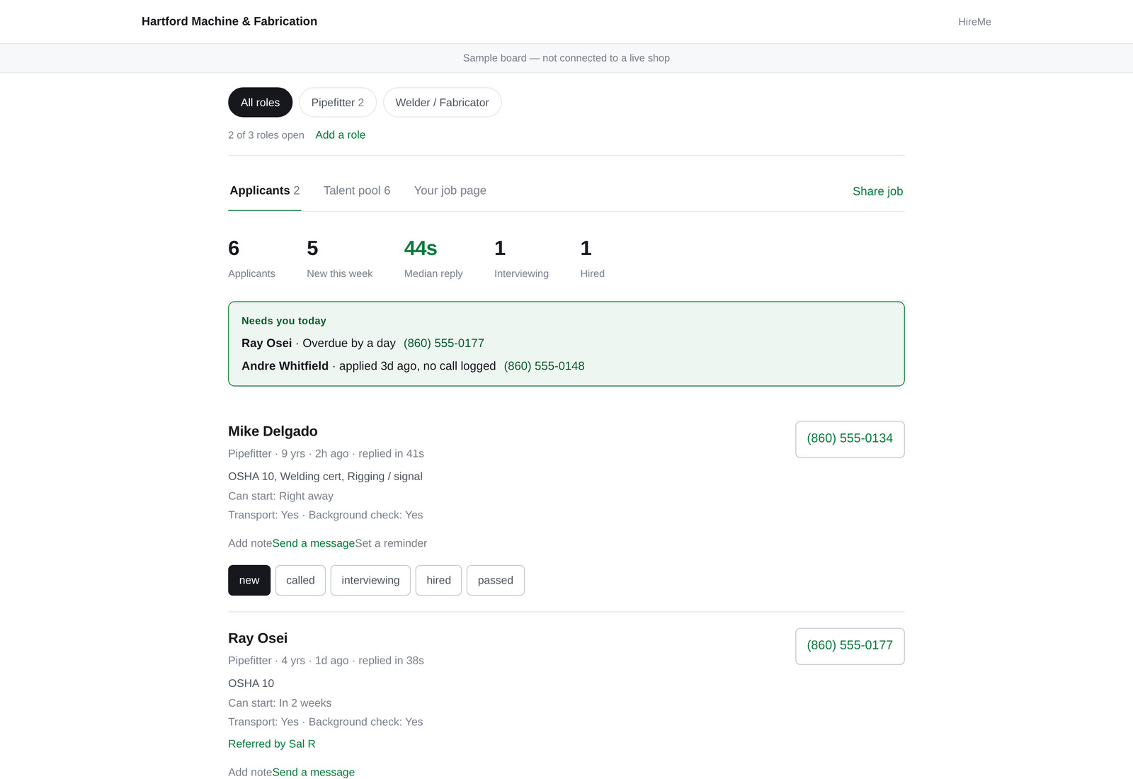 The HireMe board showing applicants, response times, tickets held, and the talent pool