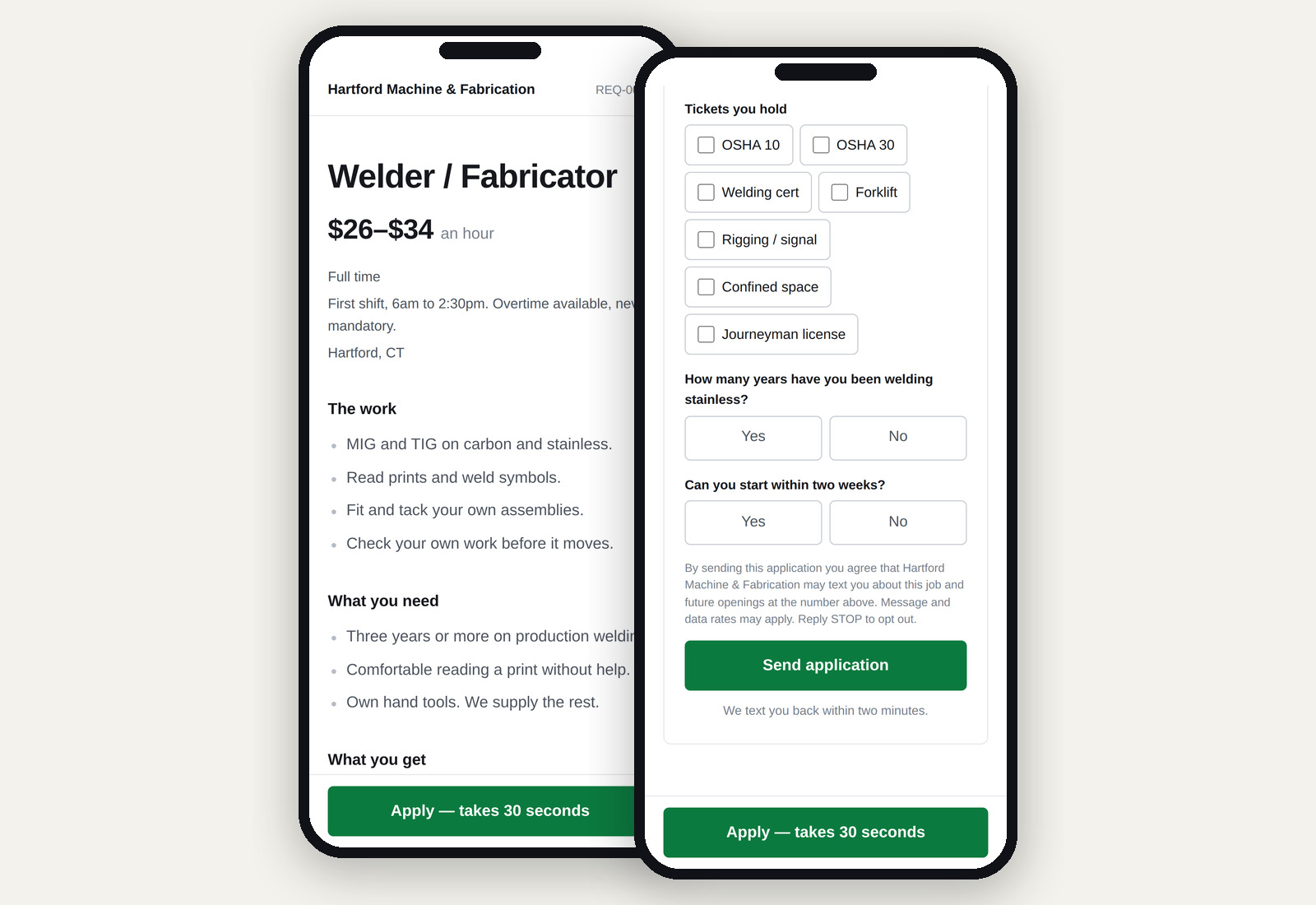 The HireMe job page on two phones: the pay range and the work on one, the ticket checkboxes and the send button on the other