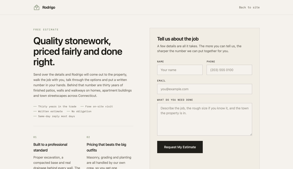 The quote request form on the same build, with the fields that write each enquiry to a database