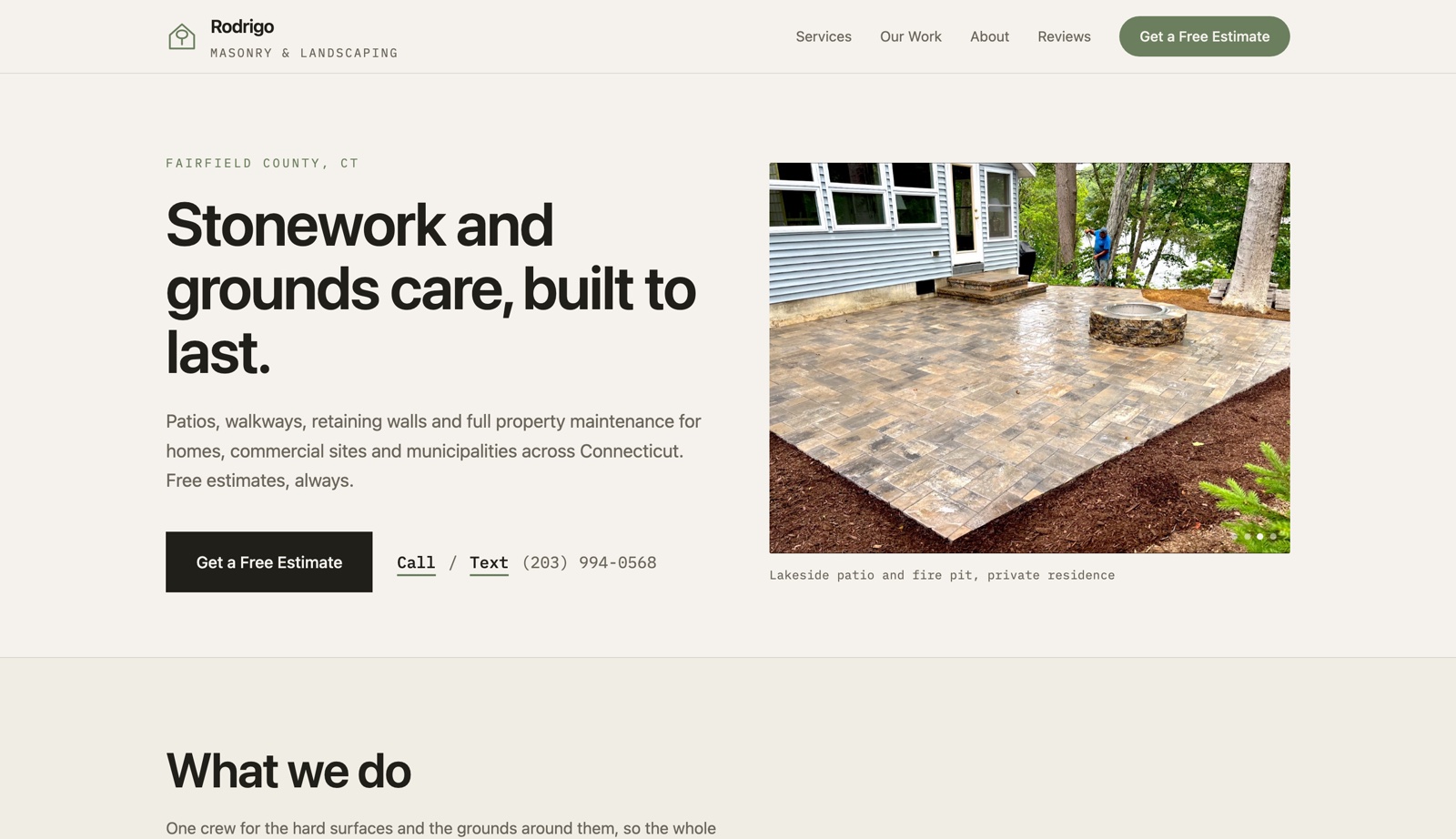The Rodrigo Masonry landing page as built, showing the headline, estimate button and project photography